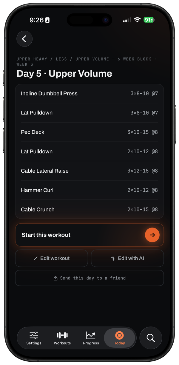 Two Plates day plan with sets, reps and effort targets, framed