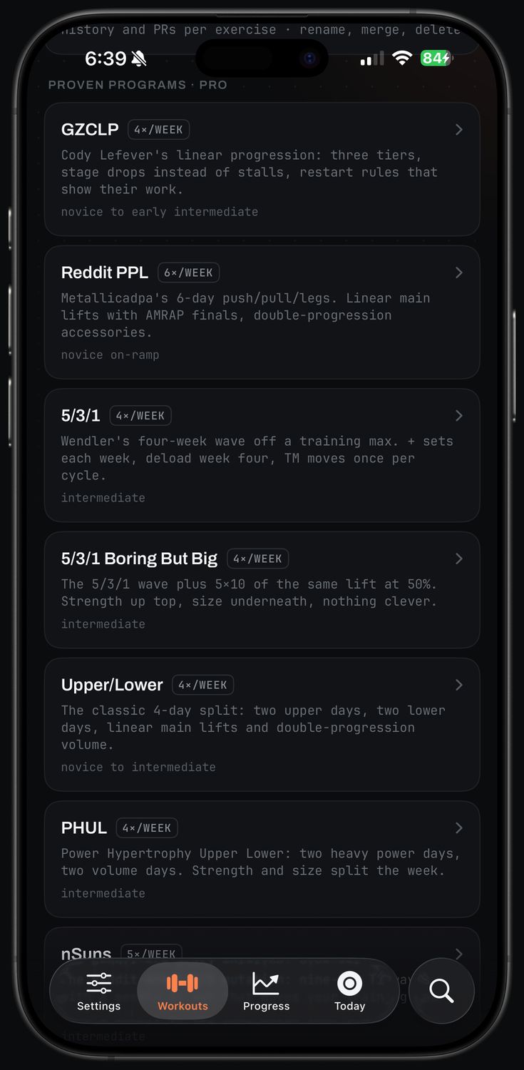 The proven programs list in Two Plates, with GZCLP at the top